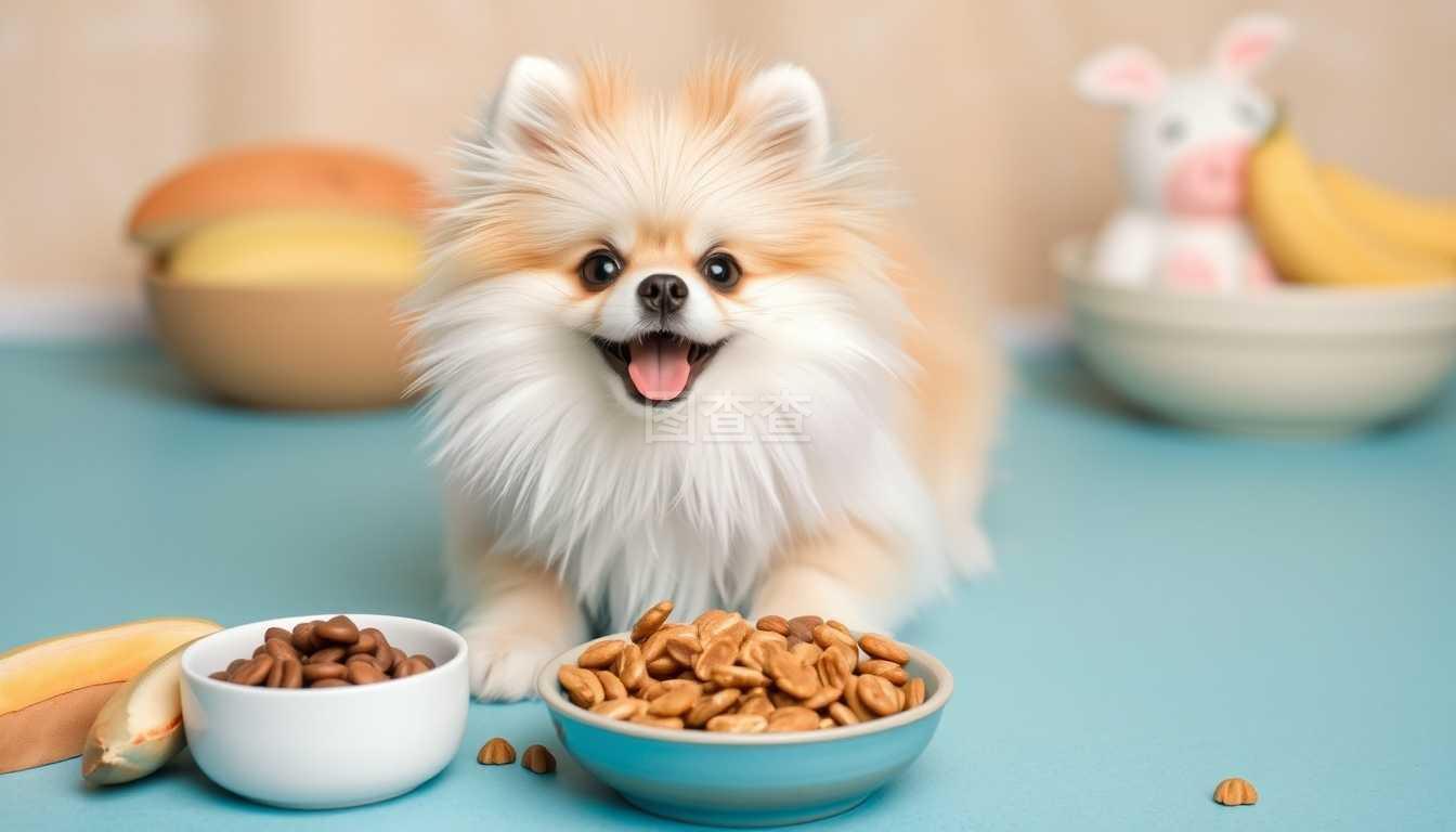 可爱的波美拉尼亚狗和宠物食物的饮食